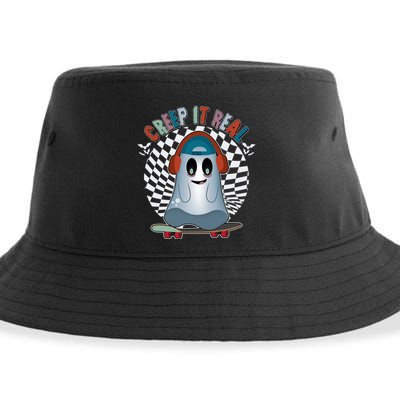 Funny Halloween Creep It Real Skateboarding Ghost Sustainable Bucket Hat