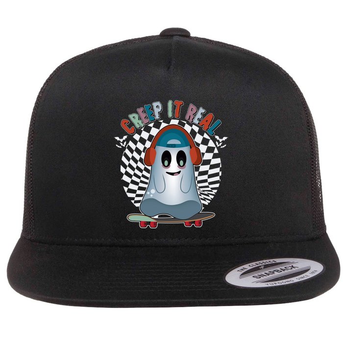 Funny Halloween Creep It Real Skateboarding Ghost Flat Bill Trucker Hat