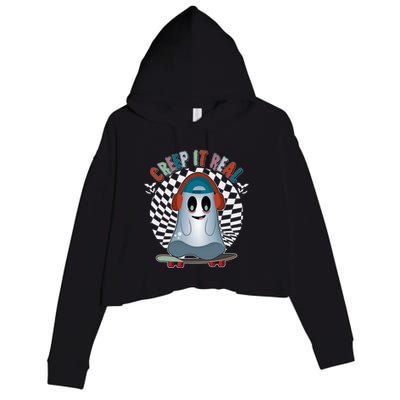 Funny Halloween Creep It Real Skateboarding Ghost Crop Fleece Hoodie