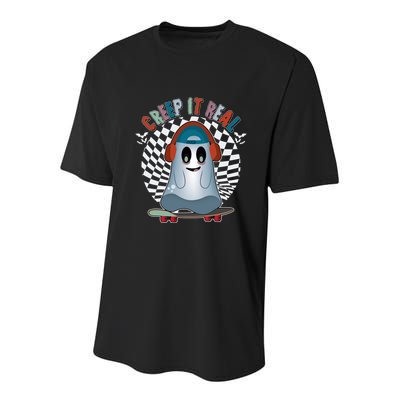 Funny Halloween Creep It Real Skateboarding Ghost Youth Performance Sprint T-Shirt