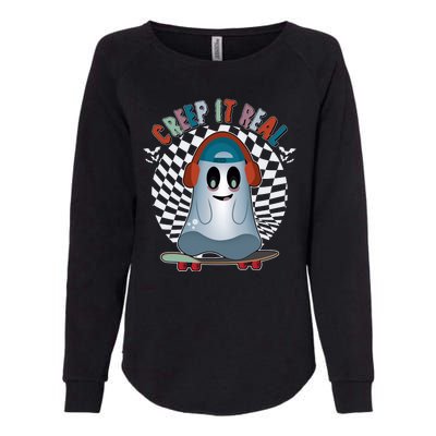 Funny Halloween Creep It Real Skateboarding Ghost Womens California Wash Sweatshirt