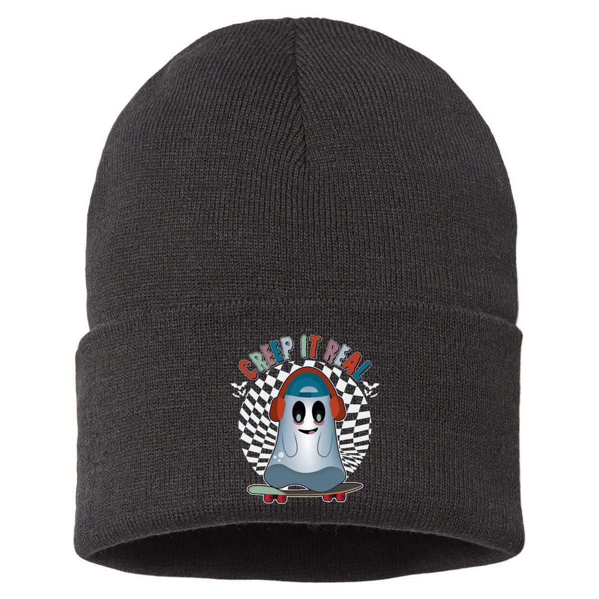 Funny Halloween Creep It Real Skateboarding Ghost Sustainable Knit Beanie