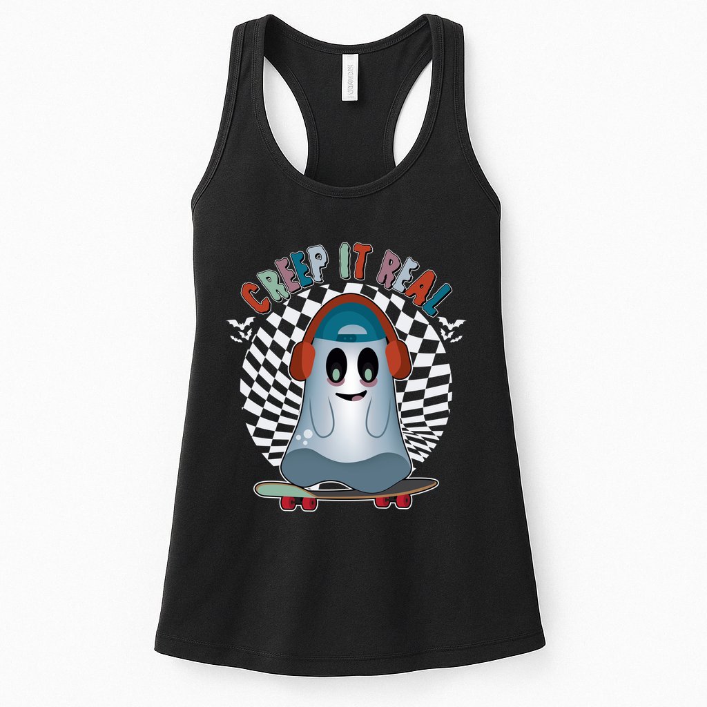 Funny Halloween Creep It Real Skateboarding Ghost Womens Tank Top