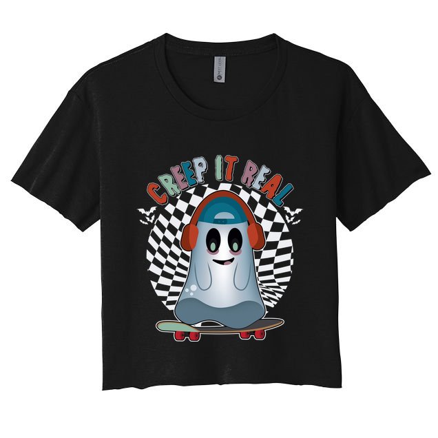 Funny Halloween Creep It Real Skateboarding Ghost Crop Top