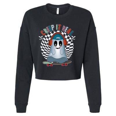 Funny Halloween Creep It Real Skateboarding Ghost Cropped Pullover Crew