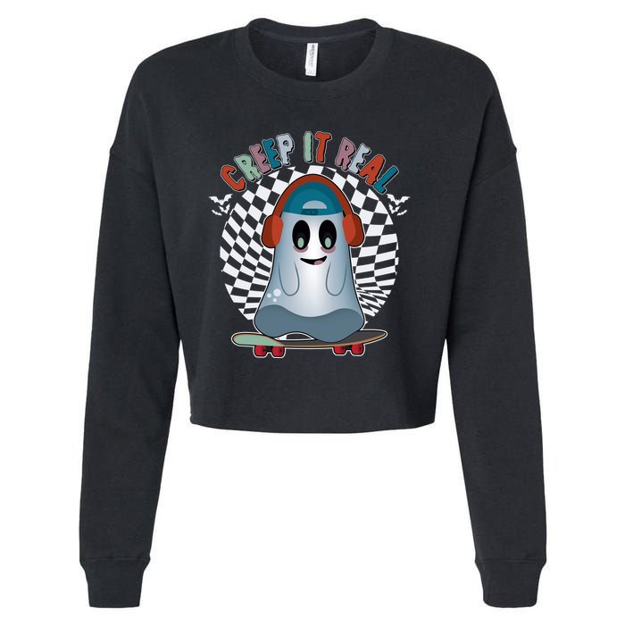 Funny Halloween Creep It Real Skateboarding Ghost Cropped Pullover Crew