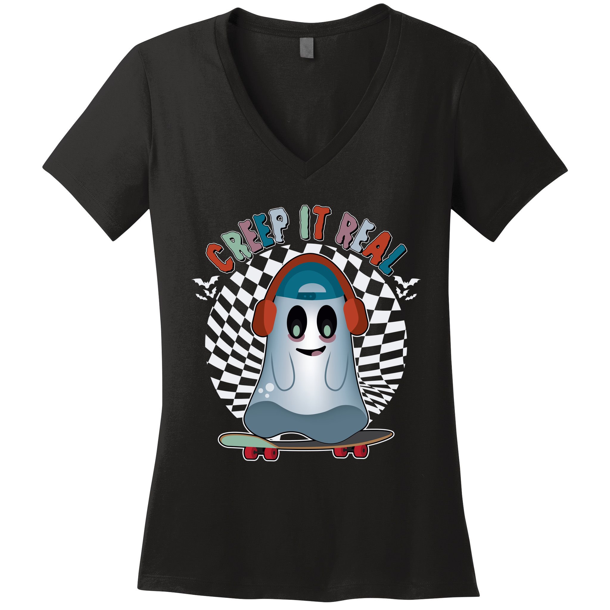Funny Halloween Creep It Real Skateboarding Ghost Women's V-Neck T-Shirt