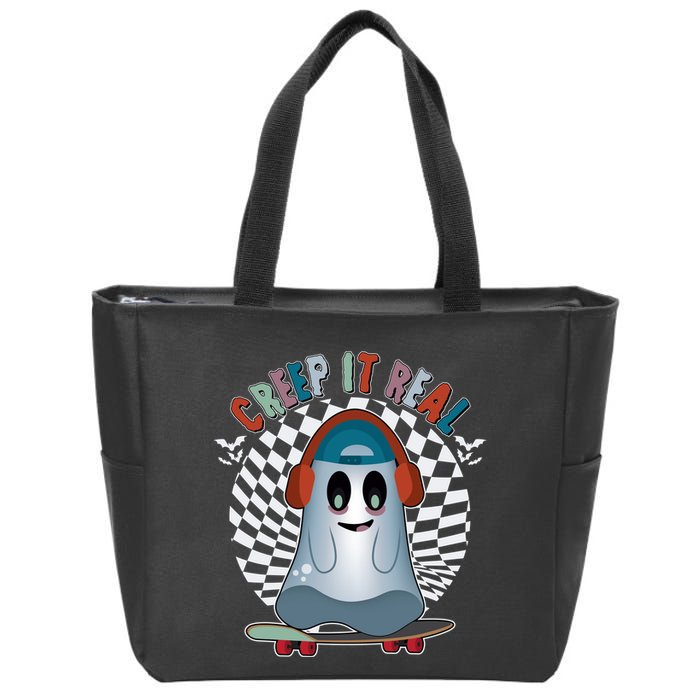 Funny Halloween Creep It Real Skateboarding Ghost Zip Tote Bag
