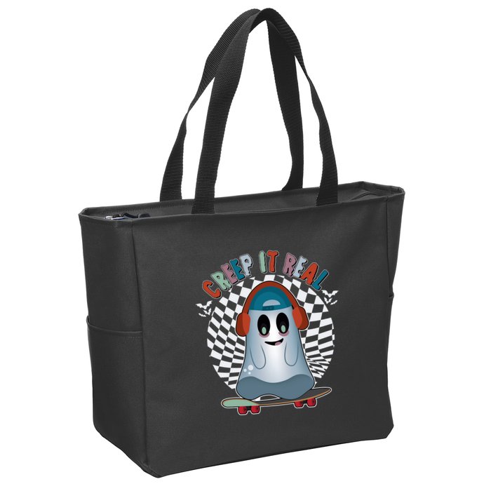 Funny Halloween Creep It Real Skateboarding Ghost Zip Tote Bag