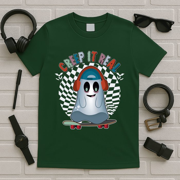 Funny Halloween Creep It Real Skateboarding Ghost T-Shirt