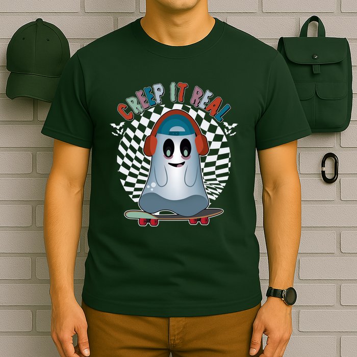 Funny Halloween Creep It Real Skateboarding Ghost T-Shirt