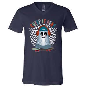 Funny Halloween Creep It Real Skateboarding Ghost V-Neck T-Shirt