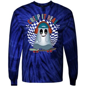 Funny Halloween Creep It Real Skateboarding Ghost Tie-Dye Long Sleeve Shirt