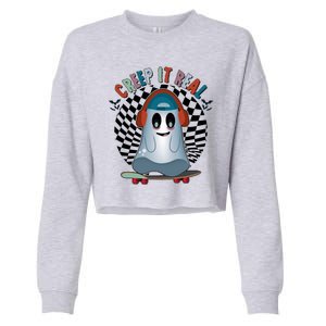 Funny Halloween Creep It Real Skateboarding Ghost Cropped Pullover Crew