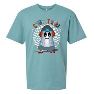 Funny Halloween Creep It Real Skateboarding Ghost Sueded Cloud Jersey T-Shirt