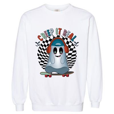 Funny Halloween Creep It Real Skateboarding Ghost Garment-Dyed Sweatshirt