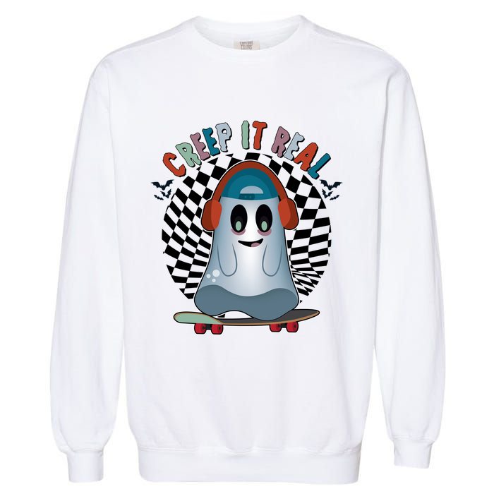 Funny Halloween Creep It Real Skateboarding Ghost Garment-Dyed Sweatshirt
