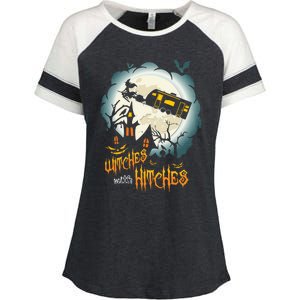 Funny Halloween Camping Witches With Hitches Enza Ladies Jersey Colorblock Tee