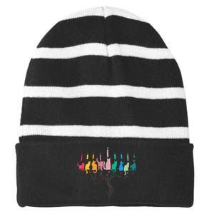 Funny Hanukkah Cat Menorah Meowzel Hanukat Jewish Chanukah Striped Beanie with Solid Band