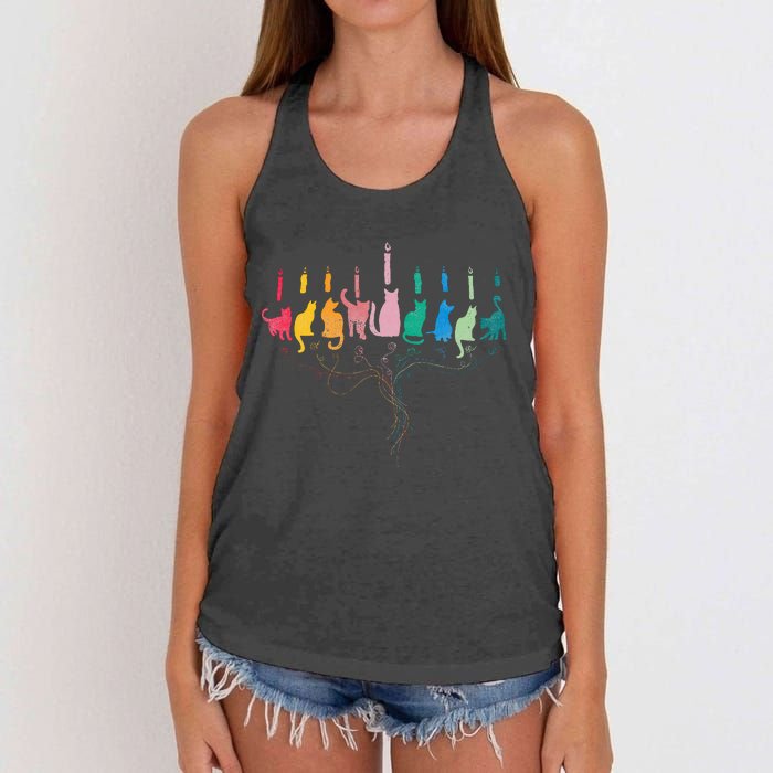 Funny Hanukkah Cat Menorah Meowzel Hanukat Jewish Chanukah Women's Knotted Racerback Tank