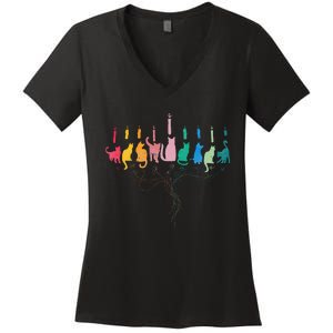 Funny Hanukkah Cat Menorah Meowzel Hanukat Jewish Chanukah Women's V-Neck T-Shirt