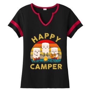 Funny Happy Cute Marshmallow Camper Bonfire Ladies Halftime Notch Neck Tee