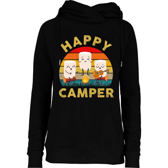 Funny Happy Cute Marshmallow Camper Bonfire Womens Funnel Neck Pullover Hood