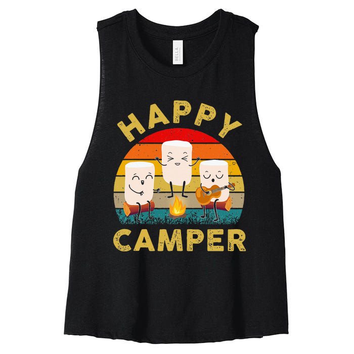 Funny Happy Cute Marshmallow Camper Bonfire Women's Racerback Cropped Tank