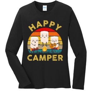 Funny Happy Cute Marshmallow Camper Bonfire Ladies Long Sleeve Shirt