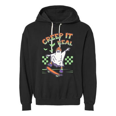 Funny Halloween Creep It Real Skater Skateboarding Ghost Garment-Dyed Fleece Hoodie
