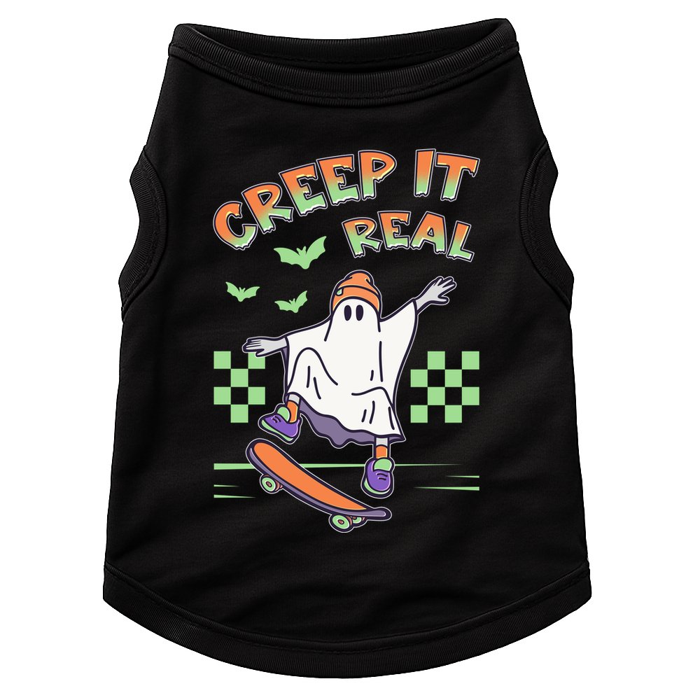Funny Halloween Creep It Real Skater Skateboarding Ghost Doggie Tank