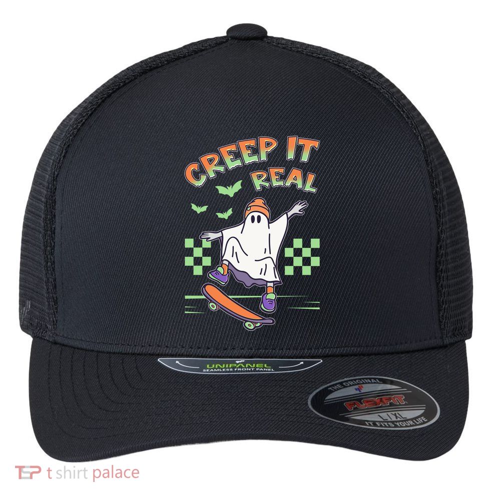 Funny Halloween Creep It Real Skater Skateboarding Ghost Flexfit Unipanel Trucker Cap