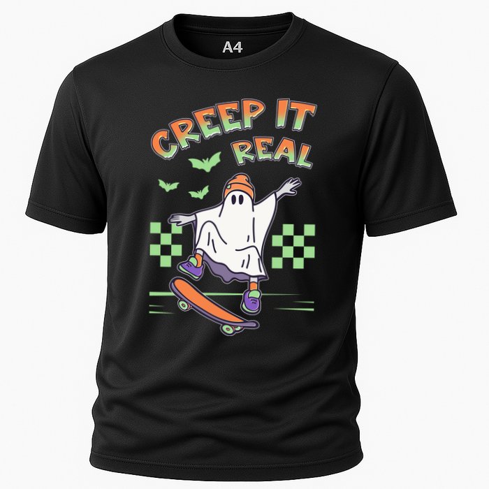 Funny Halloween Creep It Real Skater Skateboarding Ghost Cooling Performance Crew T-Shirt