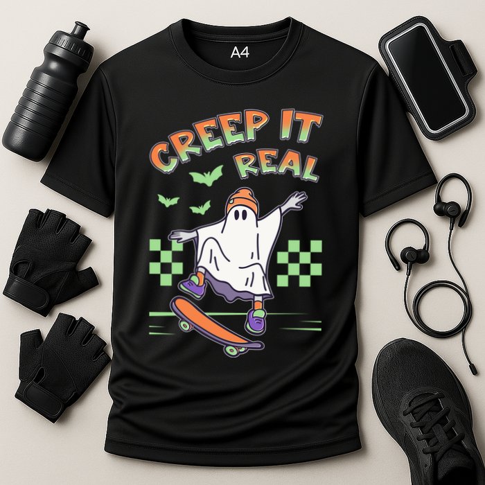 Funny Halloween Creep It Real Skater Skateboarding Ghost Cooling Performance Crew T-Shirt