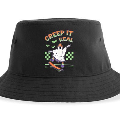 Funny Halloween Creep It Real Skater Skateboarding Ghost Sustainable Bucket Hat