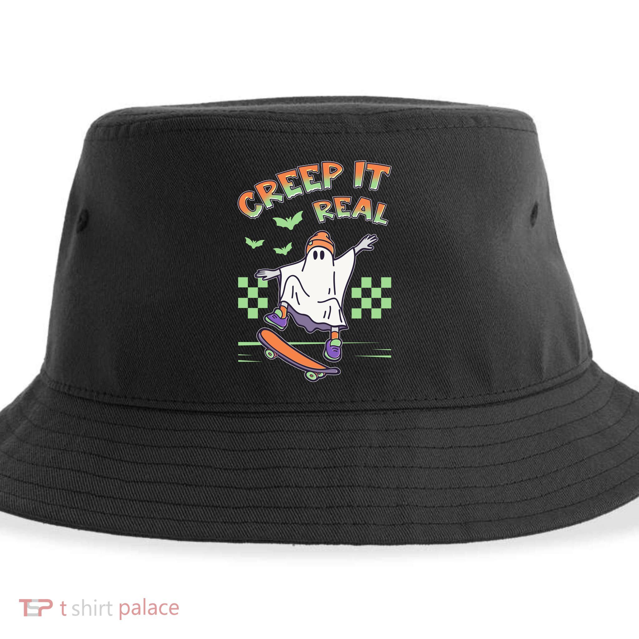 Funny Halloween Creep It Real Skater Skateboarding Ghost Sustainable Bucket Hat