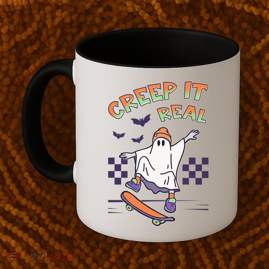 Funny Halloween Creep It Real Skater Skateboarding Ghost Mug