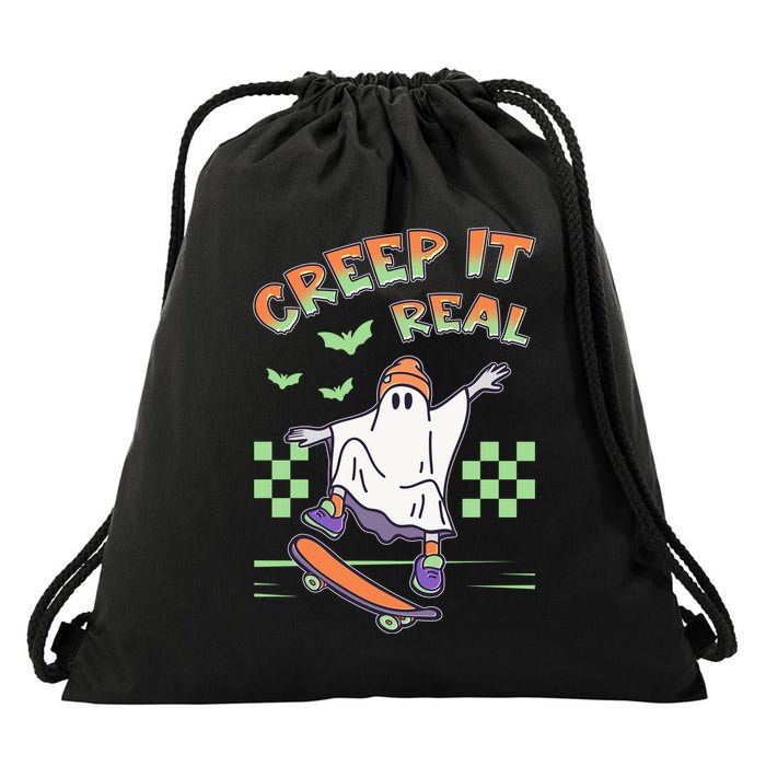 Funny Halloween Creep It Real Skater Skateboarding Ghost Drawstring Bag