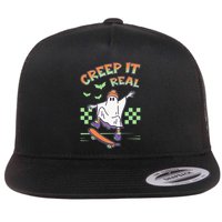 Funny Halloween Creep It Real Skater Skateboarding Ghost Flat Bill Trucker Hat