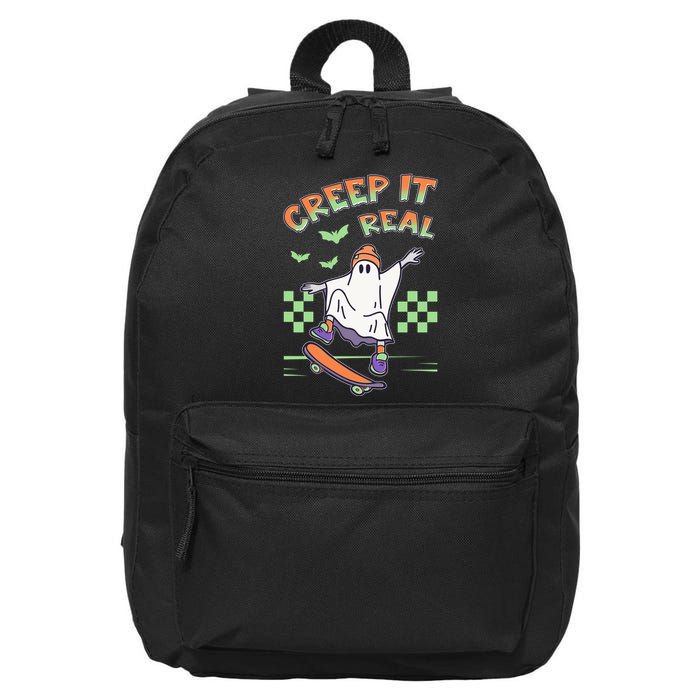 Funny Halloween Creep It Real Skater Skateboarding Ghost 16 in Basic Backpack