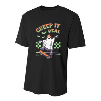 Funny Halloween Creep It Real Skater Skateboarding Ghost Youth Performance Sprint T-Shirt