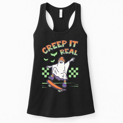 Funny Halloween Creep It Real Skater Skateboarding Ghost Womens Tank Top
