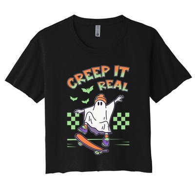 Funny Halloween Creep It Real Skater Skateboarding Ghost Crop Top