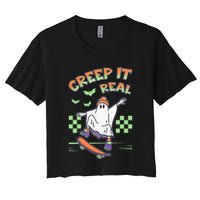 Funny Halloween Creep It Real Skater Skateboarding Ghost Crop Top