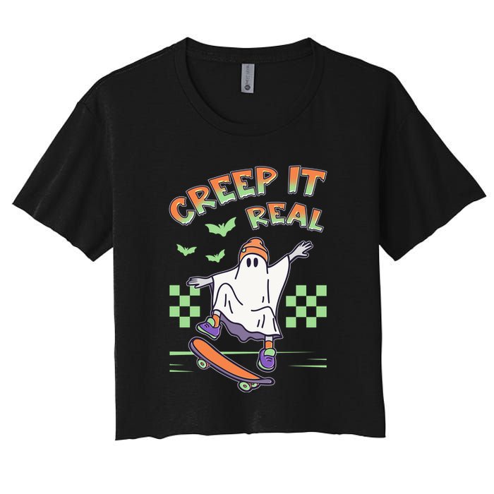Funny Halloween Creep It Real Skater Skateboarding Ghost Crop Top