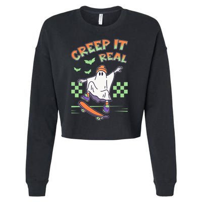 Funny Halloween Creep It Real Skater Skateboarding Ghost Cropped Pullover Crew