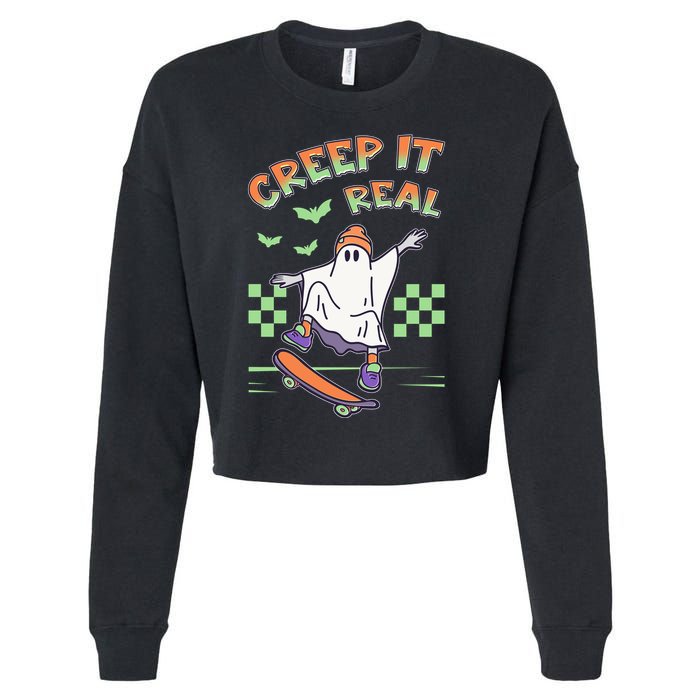 Funny Halloween Creep It Real Skater Skateboarding Ghost Cropped Pullover Crew