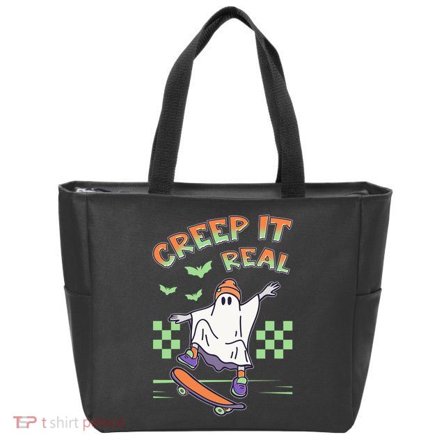 Funny Halloween Creep It Real Skater Skateboarding Ghost Zip Tote Bag