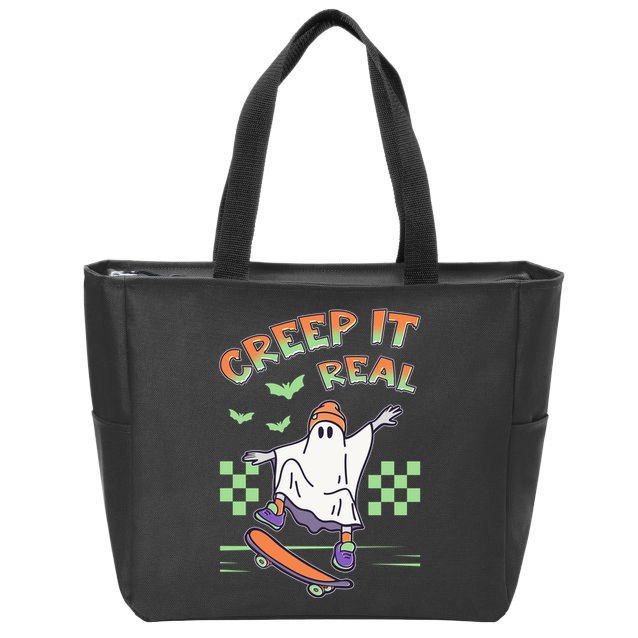 Funny Halloween Creep It Real Skater Skateboarding Ghost Zip Tote Bag