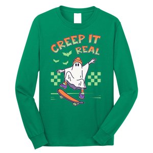 Funny Halloween Creep It Real Skater Skateboarding Ghost Long Sleeve Shirt